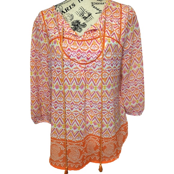 Red Camel Orange Pink Ikat Boho Peasant Top Tassel Tie Crochet Trim Women's M - Picture 2 of 9